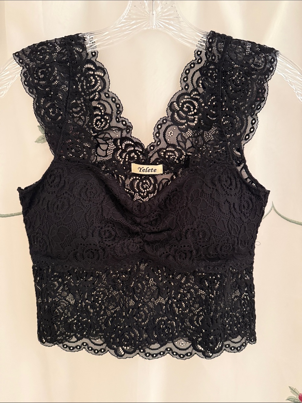 Yelete Black Lace Crop Bralette with Scalloped Hem